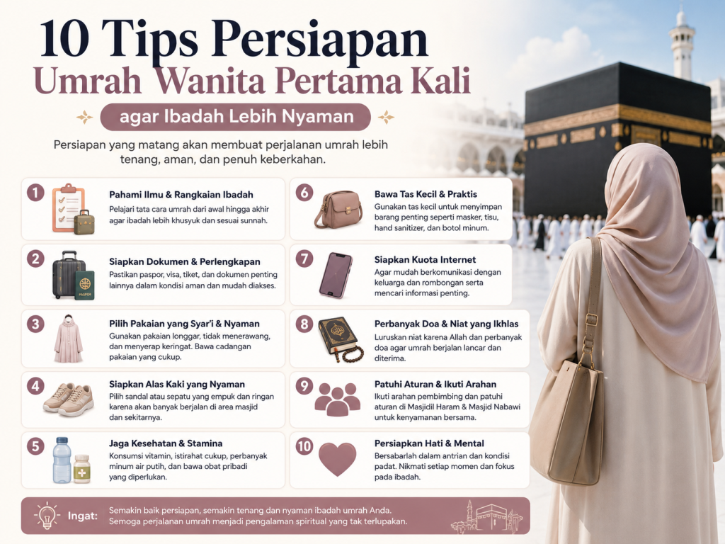 Persiapan umrah wanita pertama kali, Checklist perlengkapan umrah wanita, Tips umrah wanita pemula